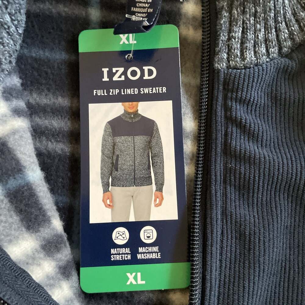 Izod Mens Jacket Sweater  XL Blue Drawstring Full Zip Sweatshirt